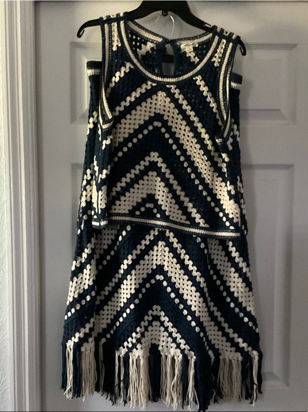Ultra Pink Navy and Cream Crochet Fringe Mini Dress